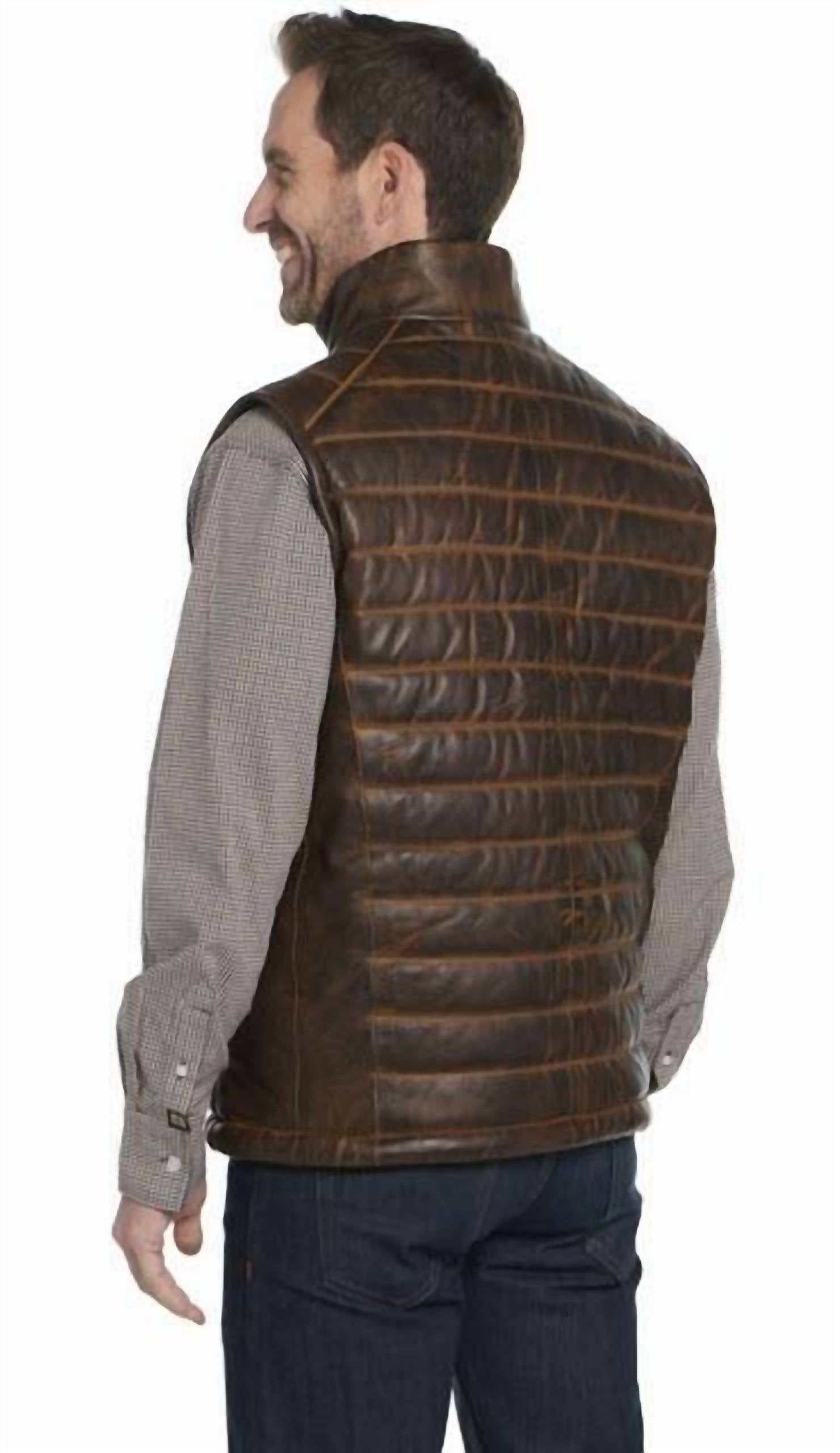 Cripple Creek Men's Antique Leather Quilt Stitched Vest in alpine oak - men's item - alternate view
