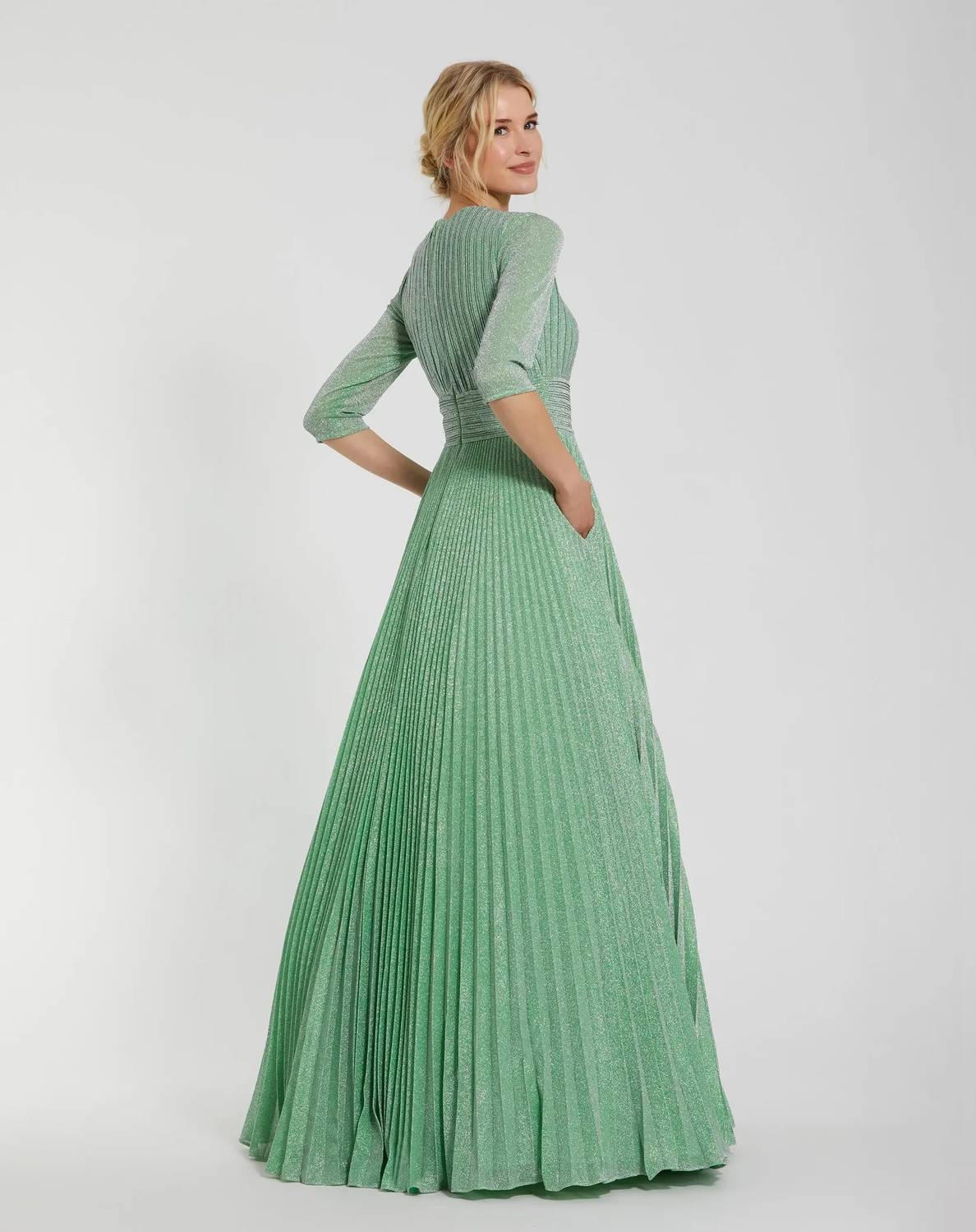 Mac Duggal - Pleated Shimmering 3/4 Sleeve Ball Gown
