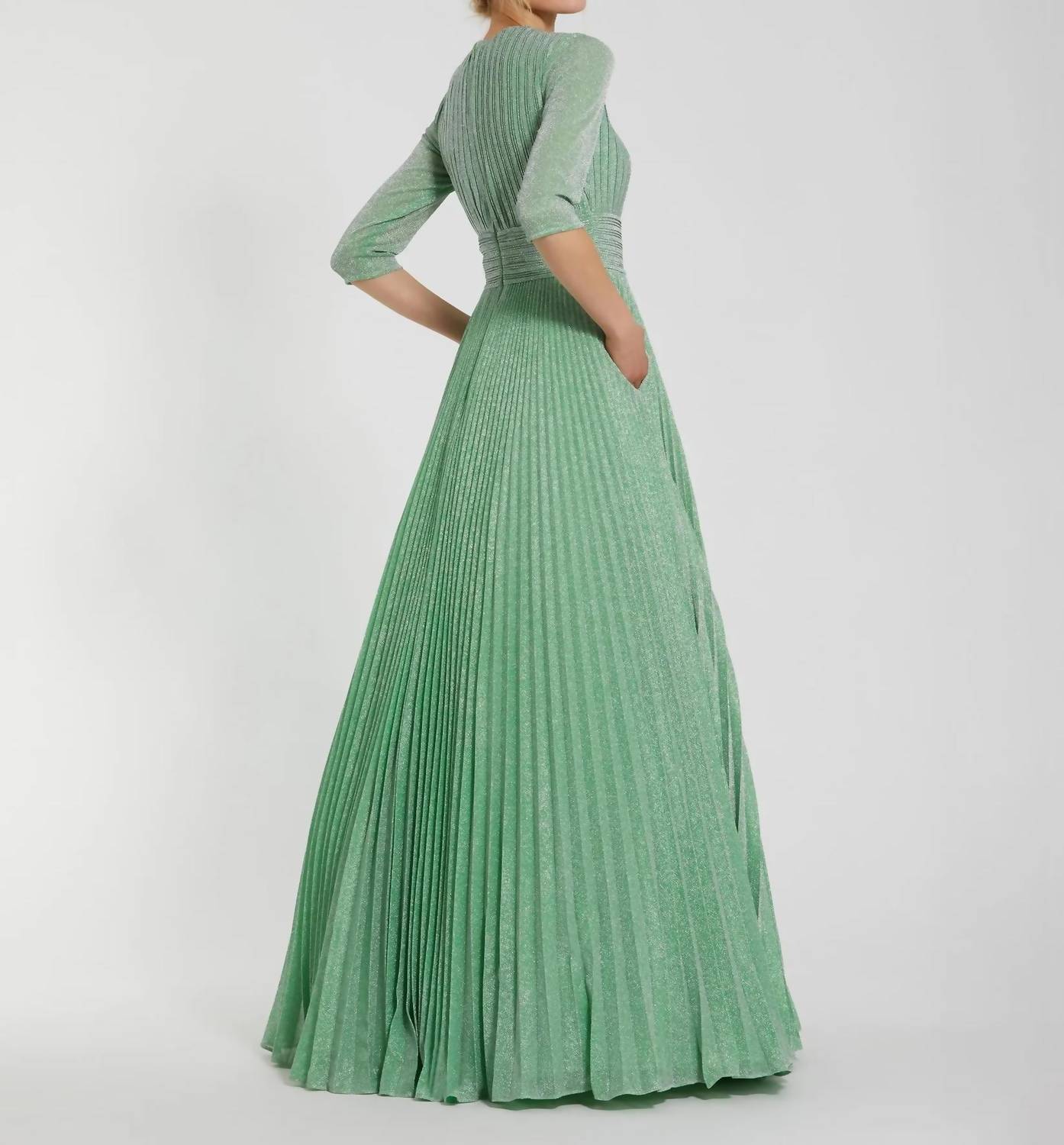 Mac Duggal - Pleated Shimmering 3/4 Sleeve Ball Gown