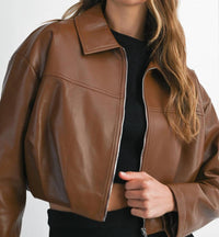 Mable - Faux Leather Collar Pleated Bubble Hem Crop Jacket
