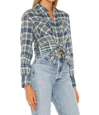 Free People First Bloom Plaid Shirt in blue - women's shirt - detail view