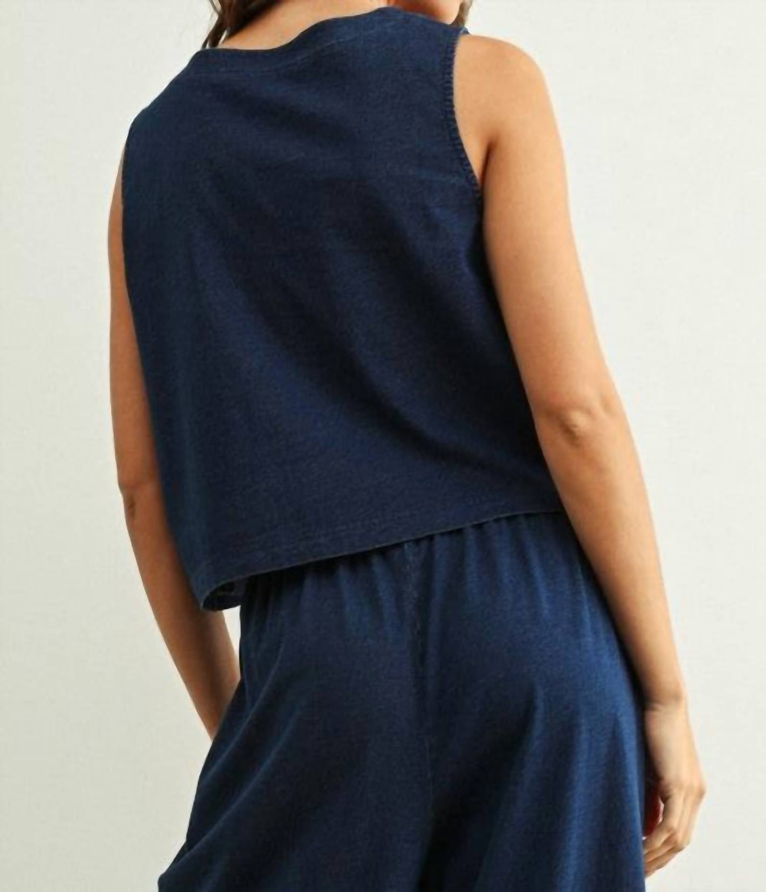 MIOU MUSE Dye And Wash Knitted Top in indigo - women's tank top - detail view