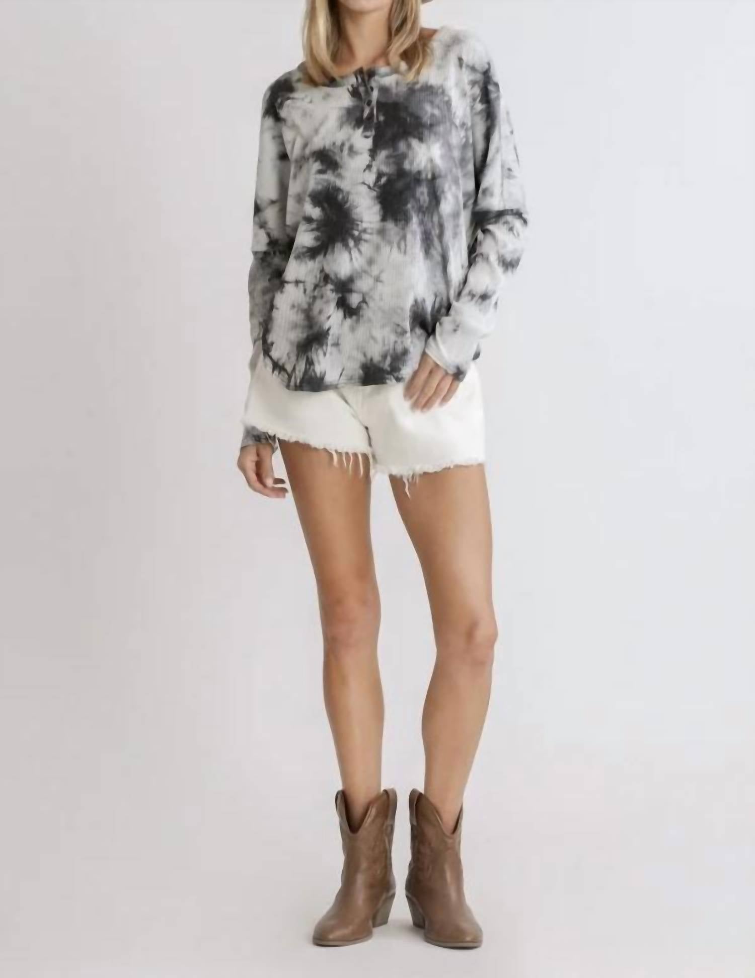 umgee Tie Dye Ribbed Top in grey - women's long sleeve top