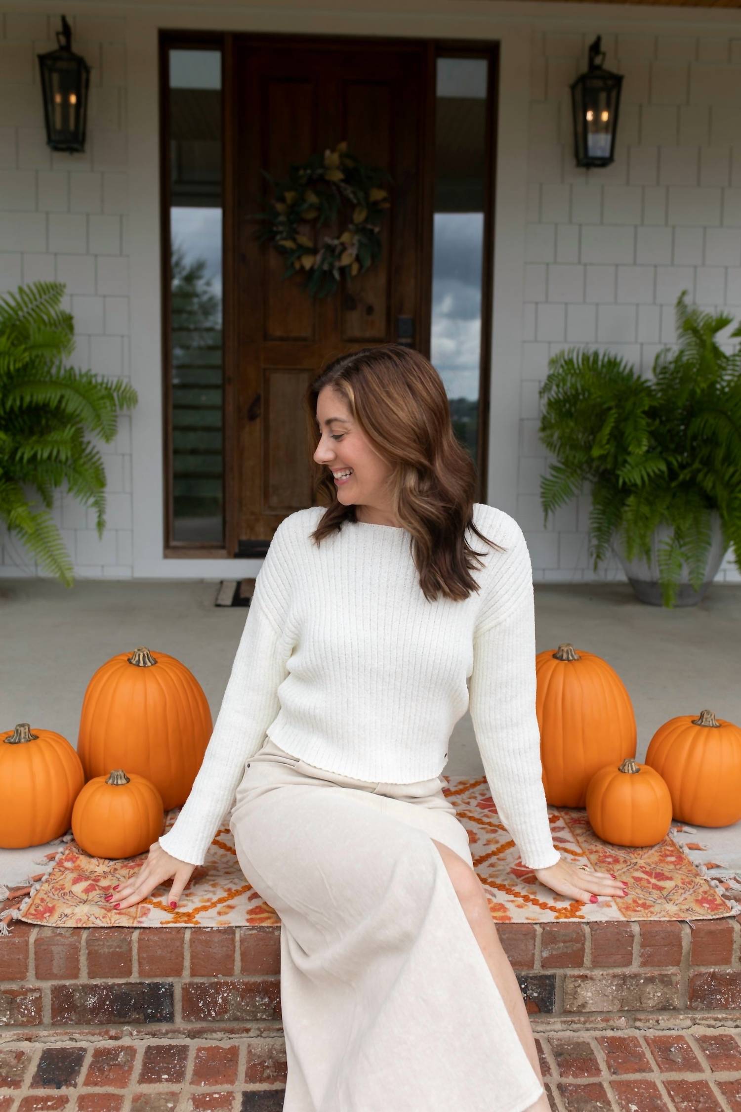 Q2 Relaxed Ribbed Boat Neck Sweater in cream - women's sweater - alternate view