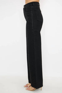Kiwi - Rhinestone High Waisted Stretch Wide Leg Denim Pants
