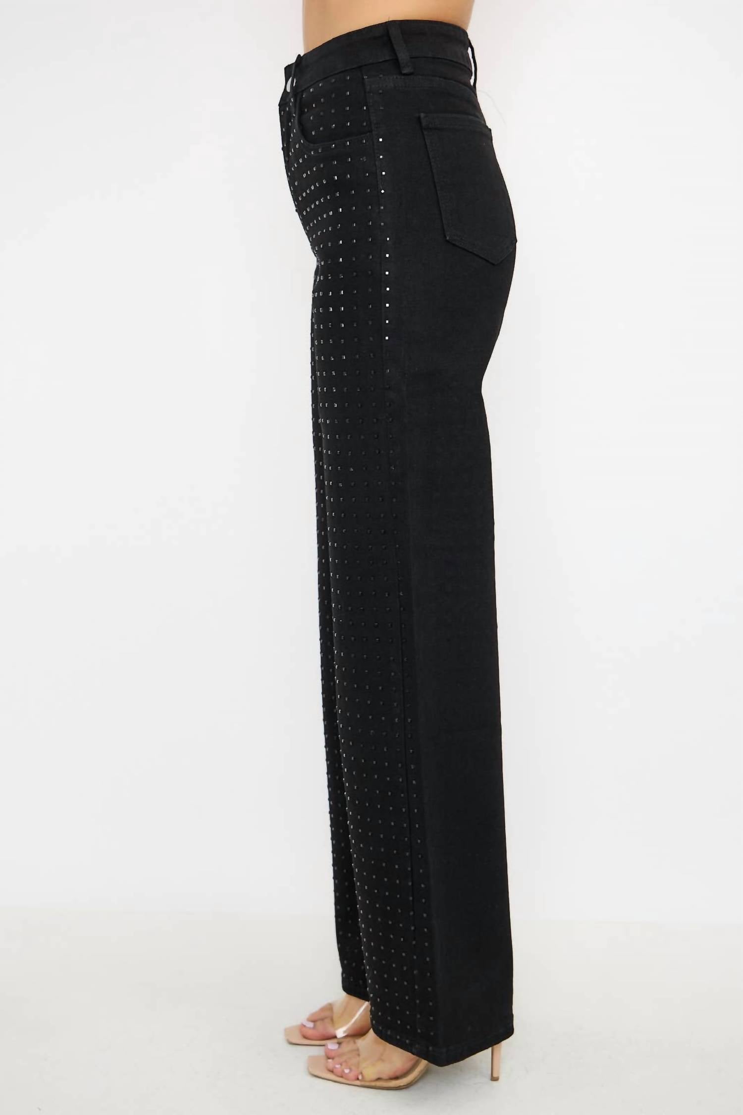 Kiwi - Rhinestone High Waisted Stretch Wide Leg Denim Pants