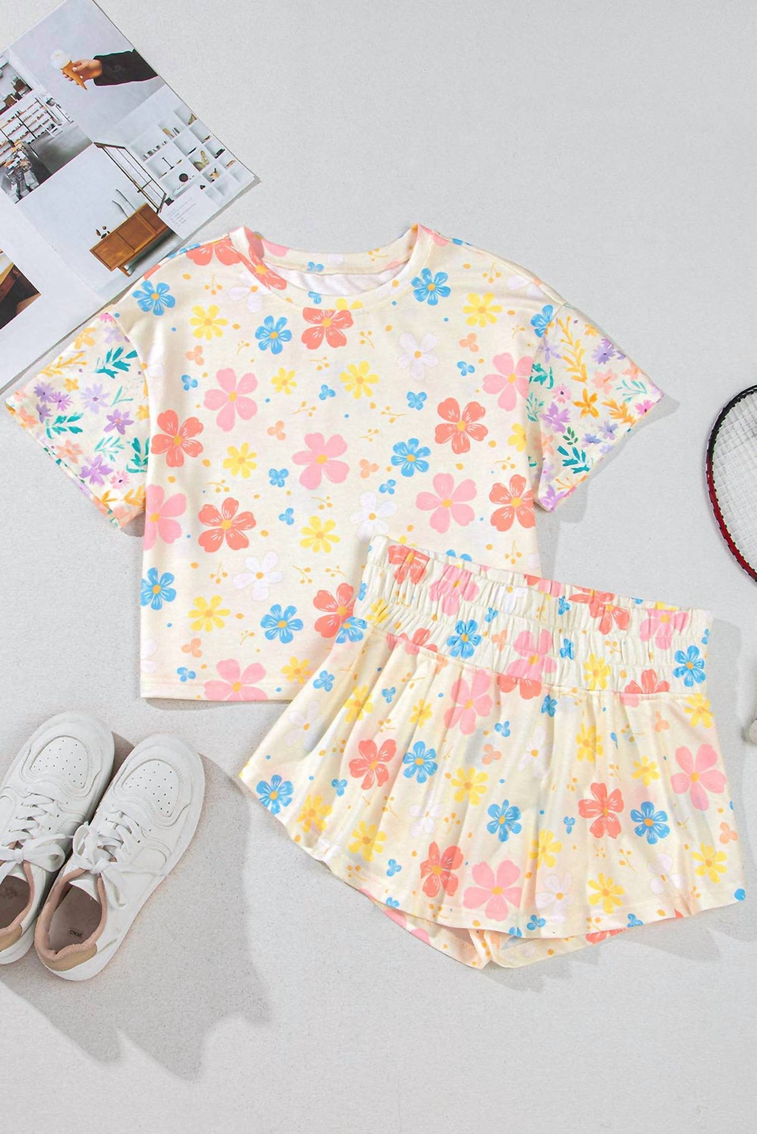 Lovesoft - Floral Print Crop Top Wide Leg Short Set