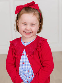 RuffleButts Girls' Ruffle Trim Cardigan in red - kids' sweater - alternate view
