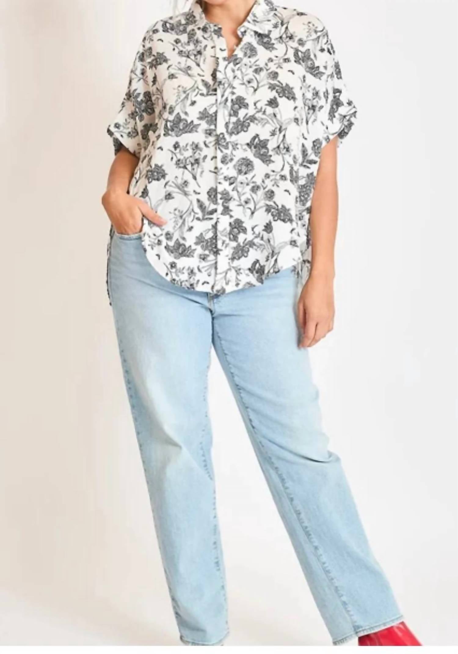 Umgee - Two Tone Floral Print Button Down Top