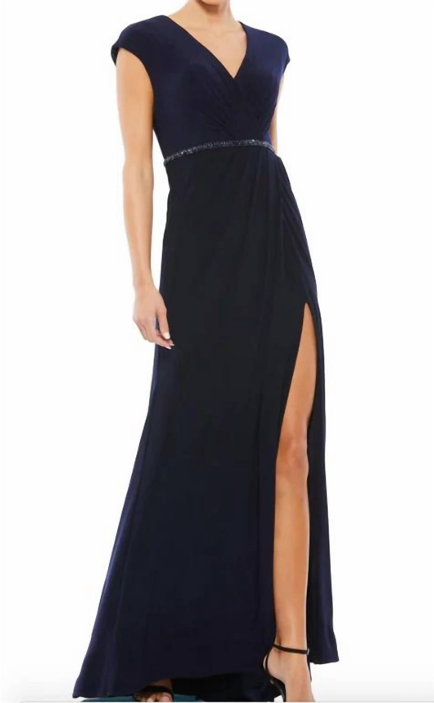 Mac Duggal - Beaded Waist Cap Sleeve Dress Gown