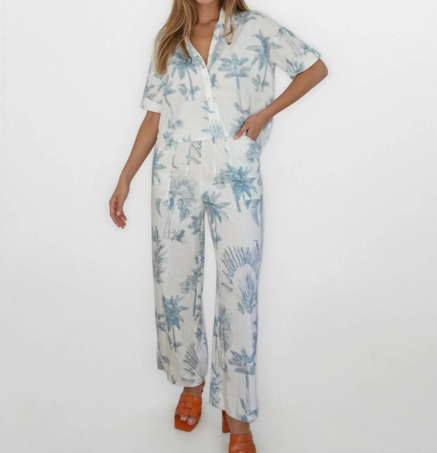 NIBI MTK Brenna Pants in faded teal palms - women's pants - detail view