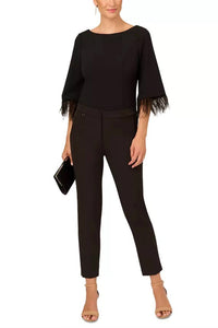 Adrianna Papell - Feather-cuff Three Quarter Sleeve Crepe Top