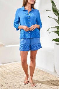 Tribal - 3/4 Sleeve Button Front Blouse With Embroidery