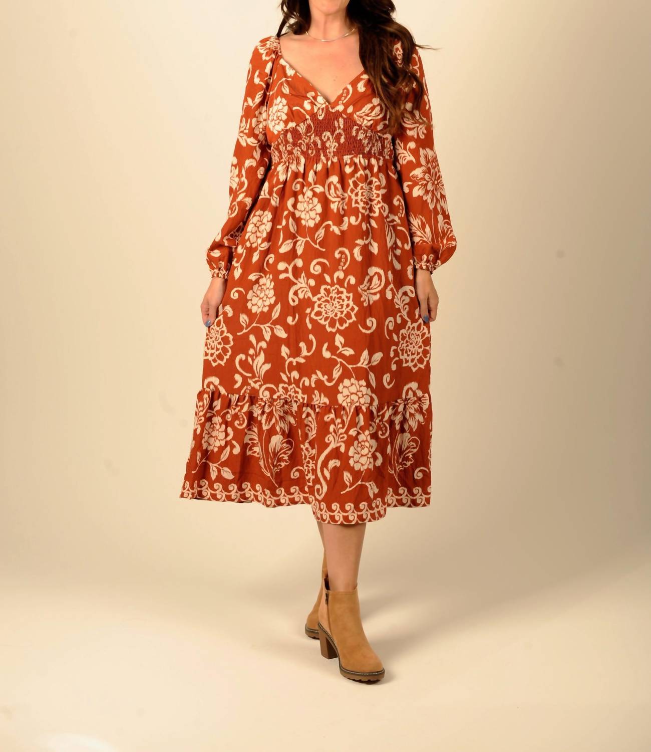 Doe and Rae Dreams Long Sleeve Midi Dress in terracotta - women's dress