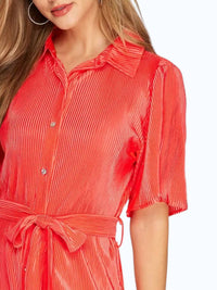 SHE + SKY Half Sleeve Plisse Woven Button Down Dress With Waist Sash in coral - women's dress - detail view
