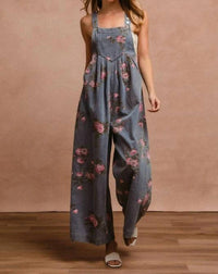 Bibi - Flower Print Washed Denim Wide Leg Jumpsuit