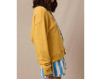 WISHLIST San Diego Button-up French Terry Top in golden navy - women's long sleeve top - detail view