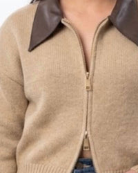 Ee:Some - Double Zip Faux Leather Collared Sweater Jacket