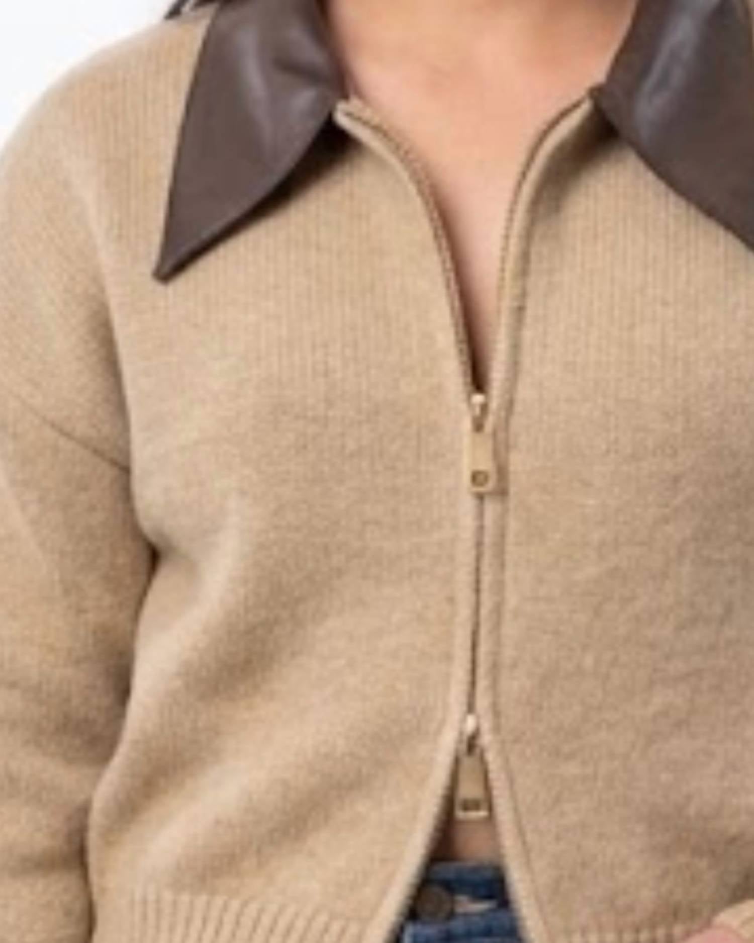 Ee:Some - Double Zip Faux Leather Collared Sweater Jacket