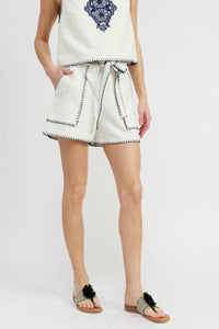 En Saison Dawson Linen Shorts in white navy - women's shorts - alternate view