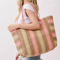 3Am By H&D Accessories - Women's Multicolor Stripe Paper Straw Tote Bag