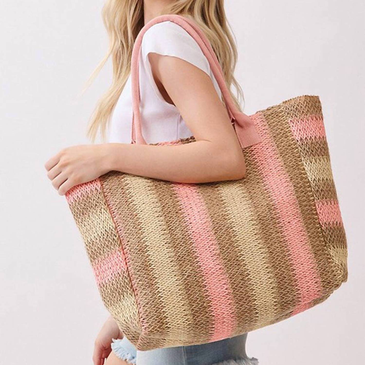 3Am By H&D Accessories - Women's Multicolor Stripe Paper Straw Tote Bag