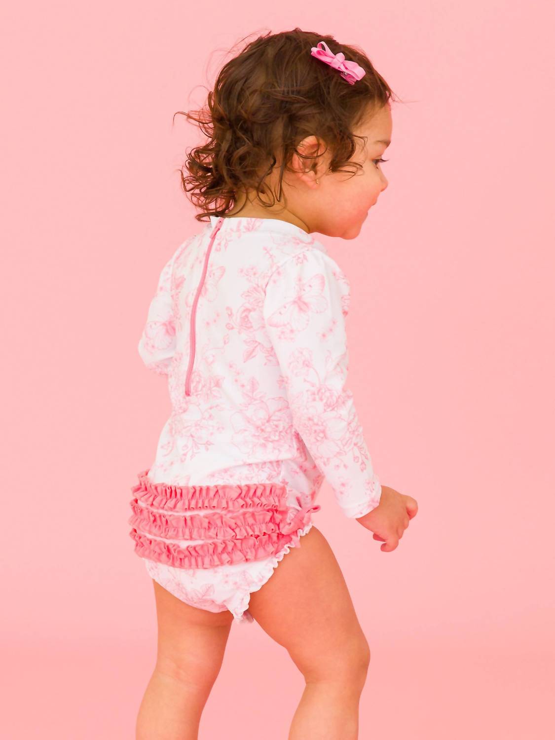 Rufflebutts - Butterfly Garden Toile Long Sleeve One Piece Ruffle Rash Guard Swimsuit