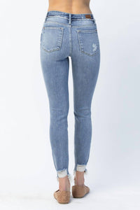 Judy Blue Mid Rise Release Waistband Detail Skinny Jeans in blue - women's pants - detail view