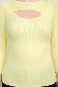 Joan Vass - 3/4 Sleeve Ribbed Pullover Cutout Chest Detail Knit Top