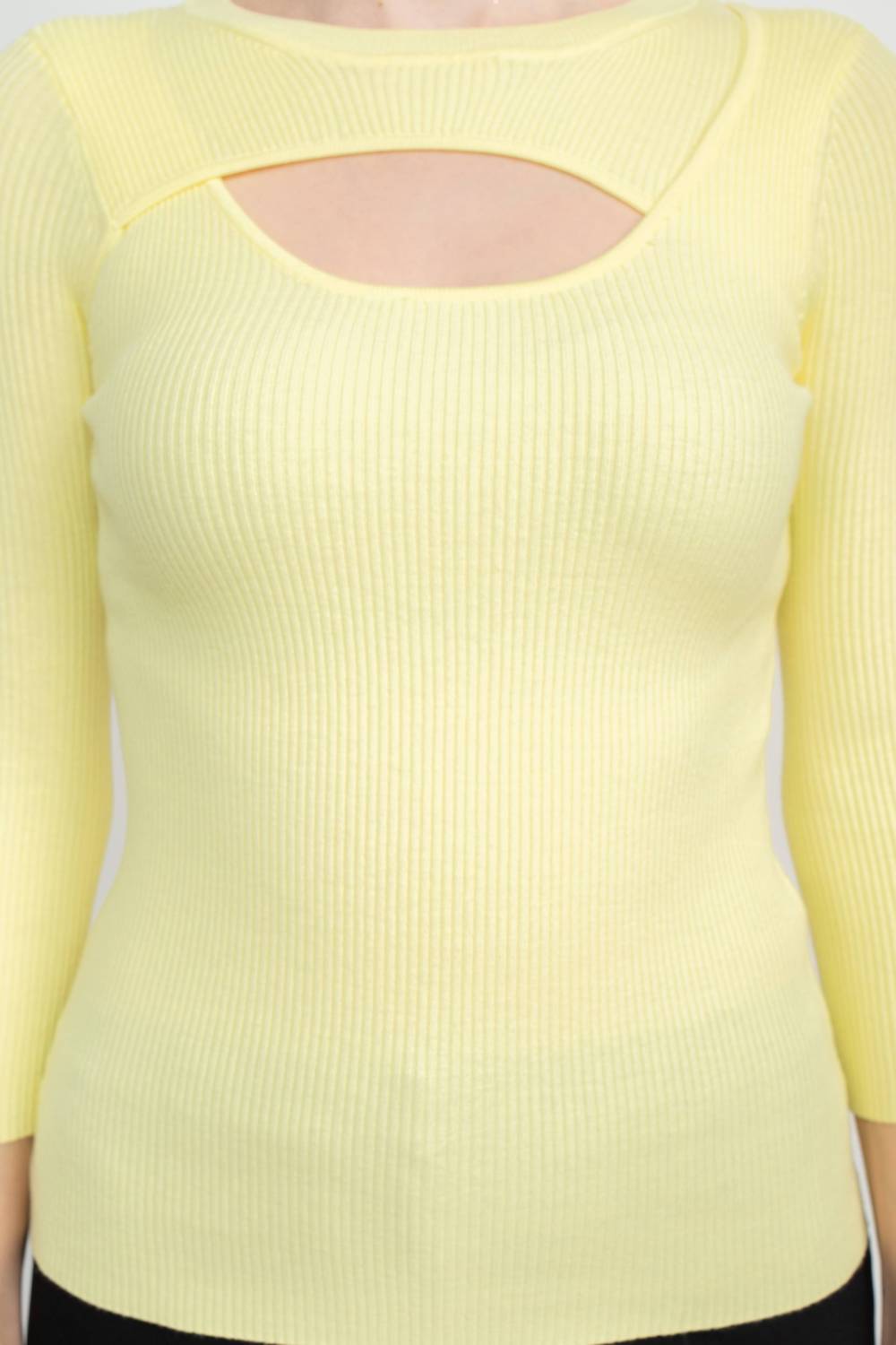 Joan Vass - 3/4 Sleeve Ribbed Pullover Cutout Chest Detail Knit Top