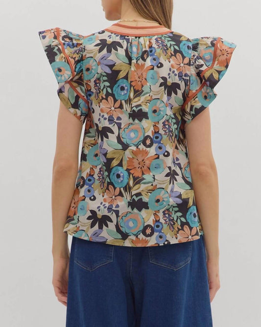 Entro - Floral Flutter Ruffle Sleeve Top