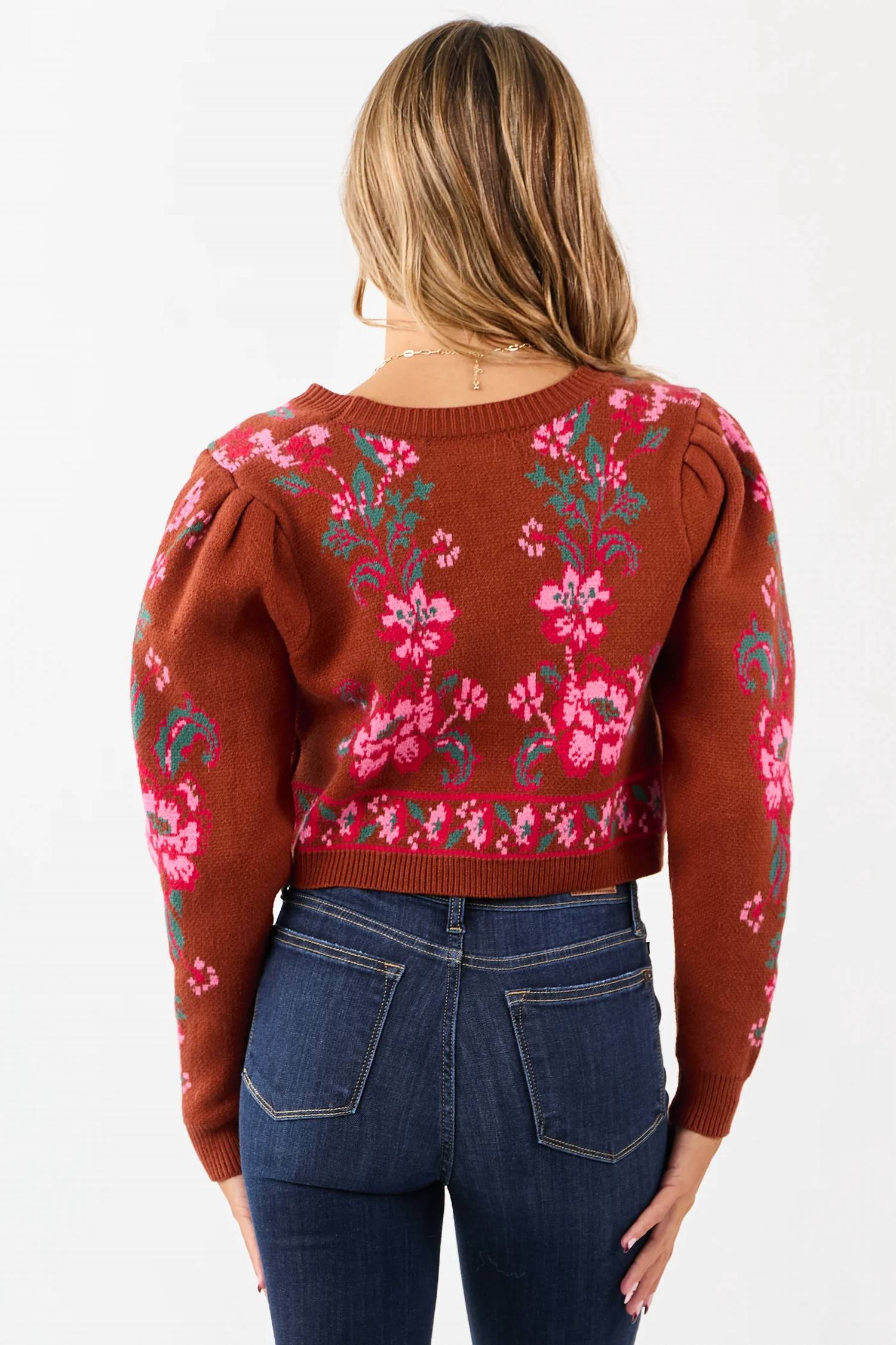&Merci - Floral Knit Tie-front Cropped Sweater Cardigan