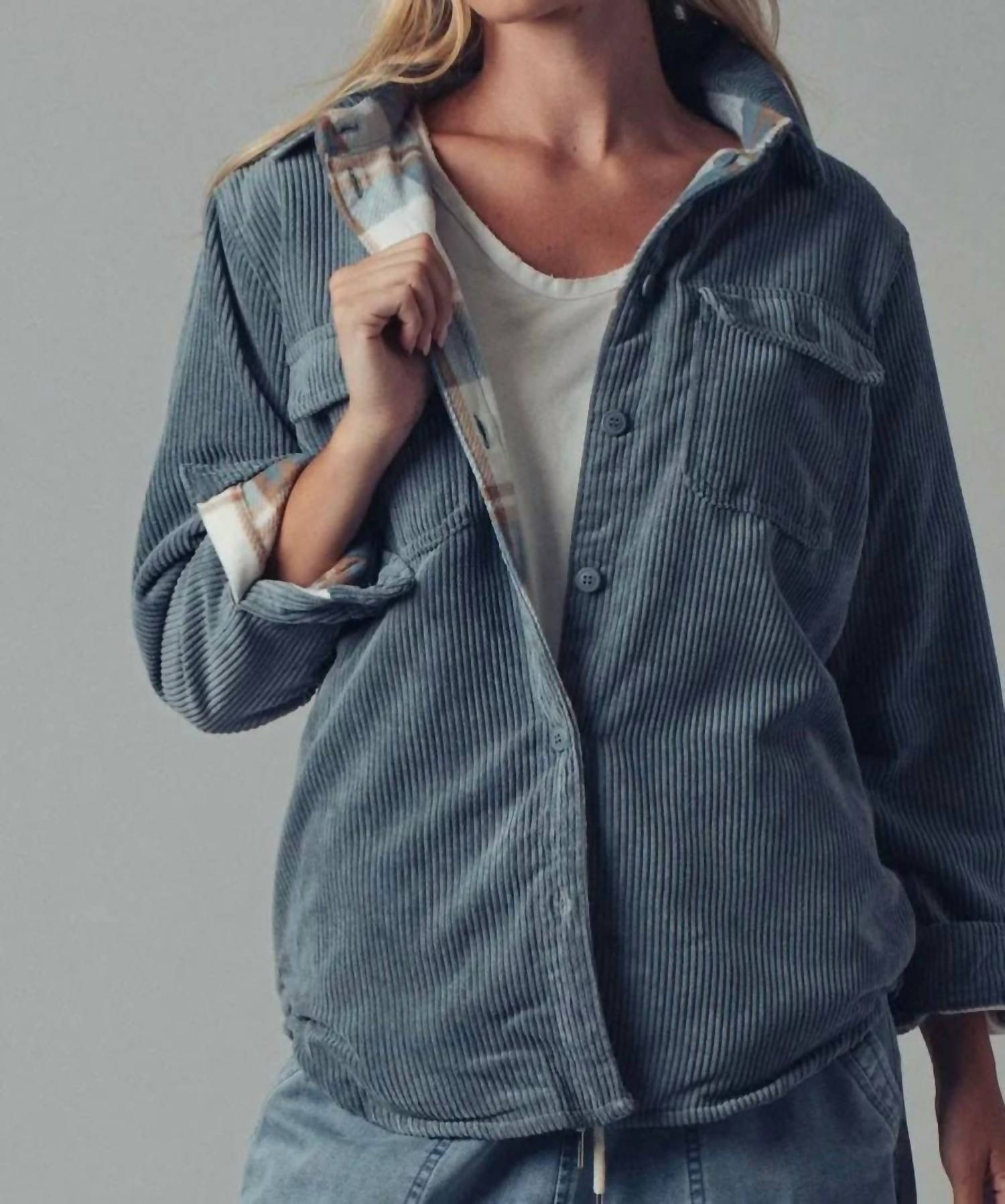 Urban Daizy - Plaid Lined Corduroy Flannel Shacket