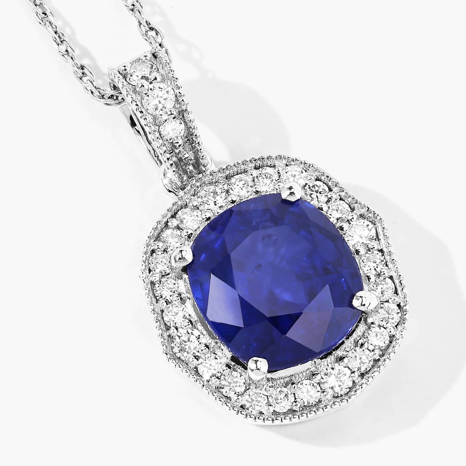 Diana M Jewels Women's Cushion Natural Sapphire Pendant Necklace (2.32 Ct) - Classic Plus in 18k white gold - women's jewelry - detail view