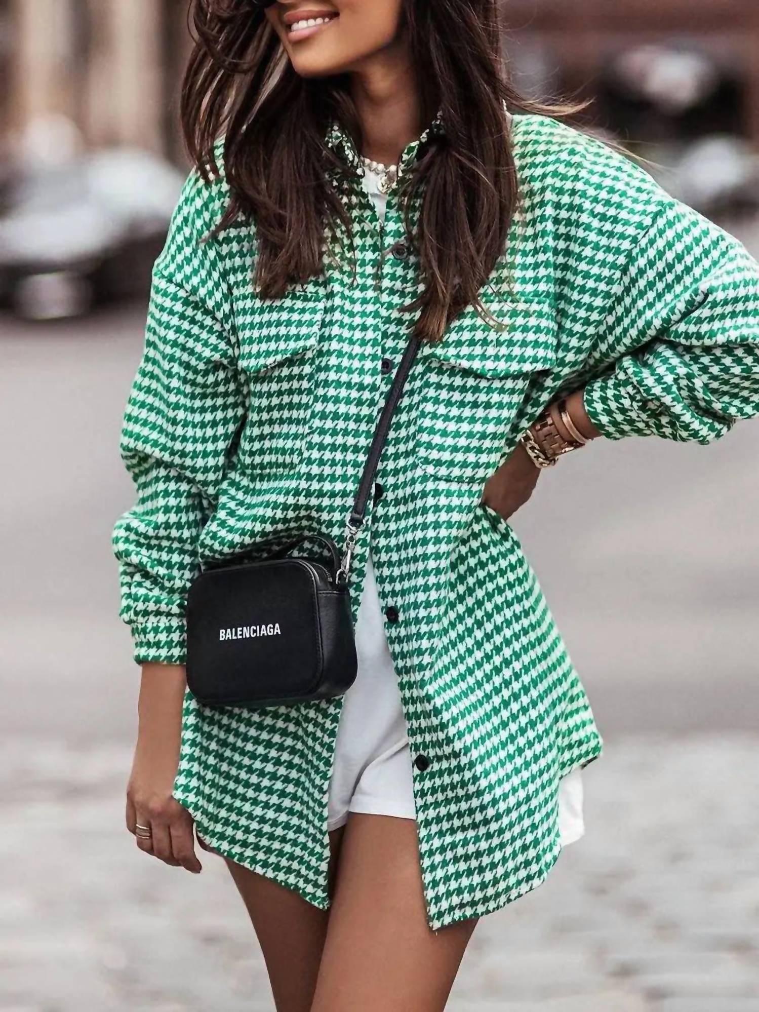 Rosa Clothing - Stylish Houndstooth Long-Sleeved Shirt Jacket