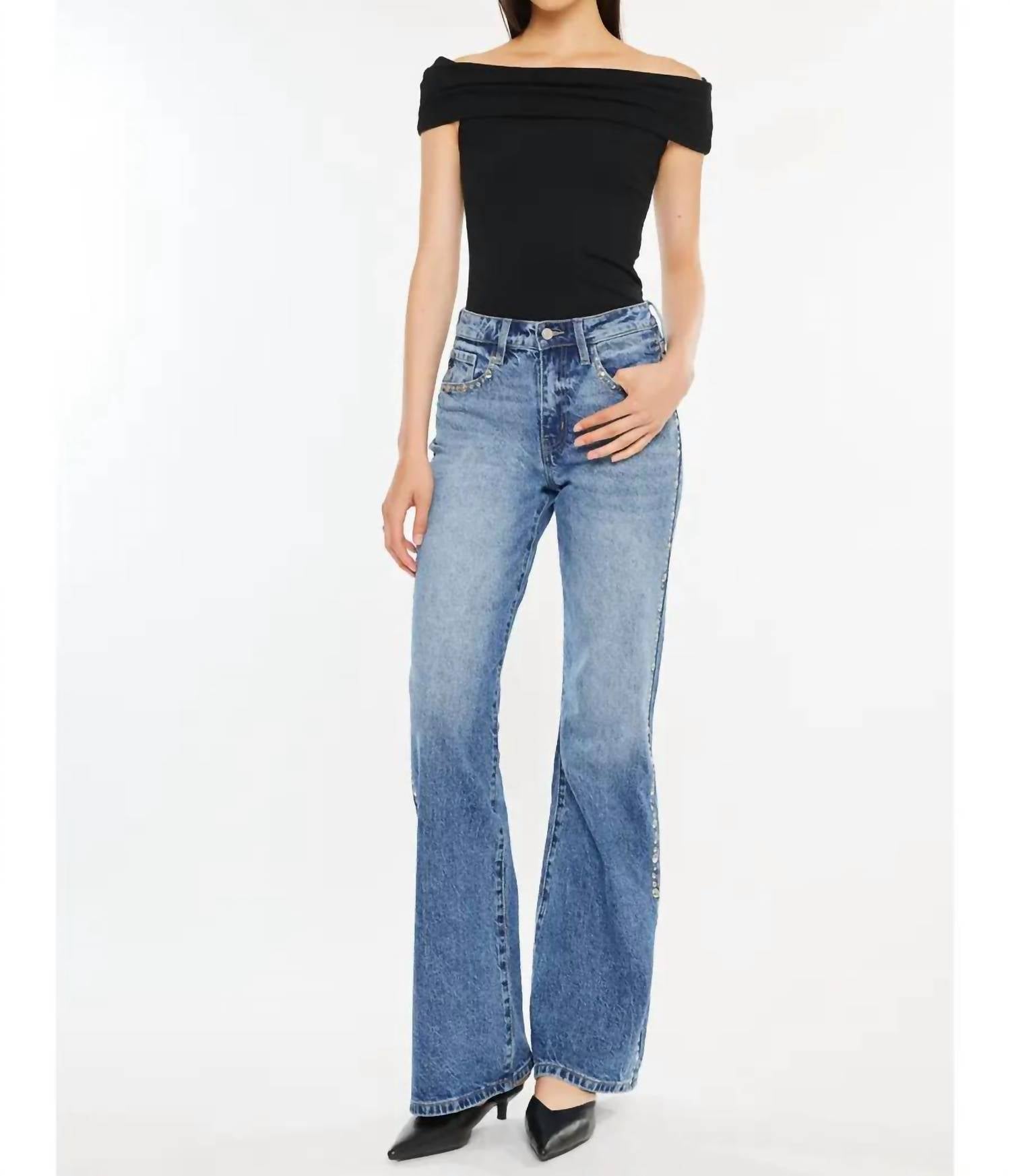 Kancan - High Rise Wide Flare Studded Jeans