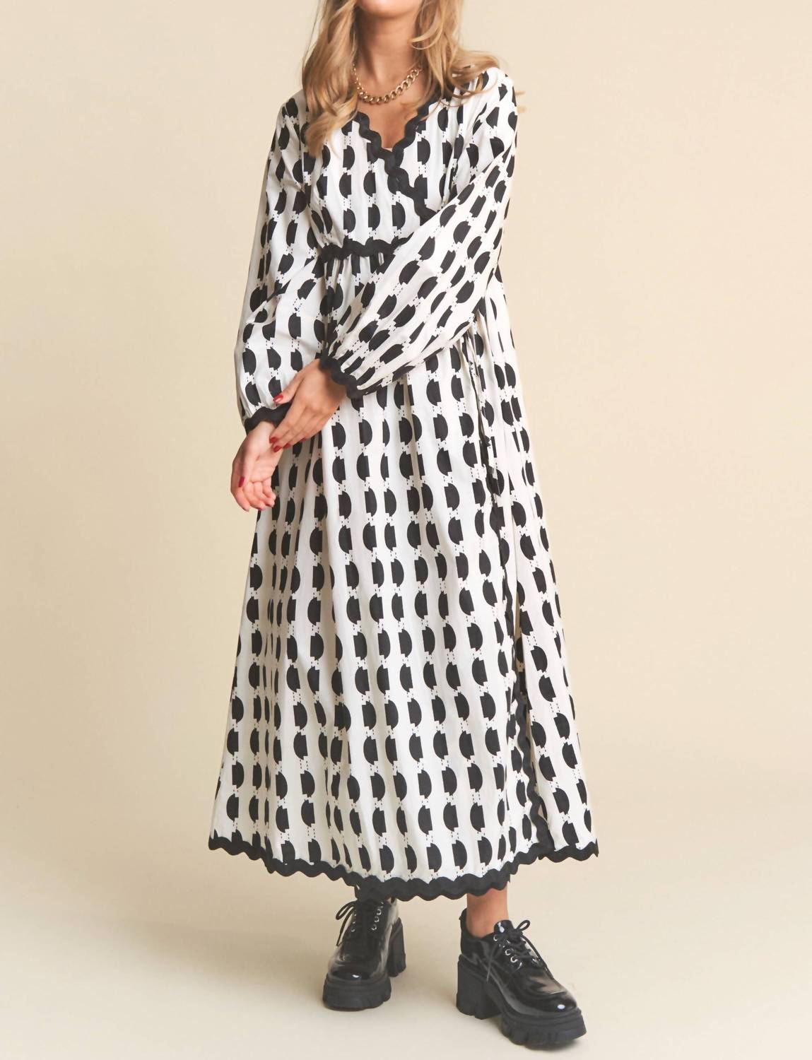 J.NNA Spots Pattern Wavey Trim Midi Dress in cookies and cream - women's dress - view 4