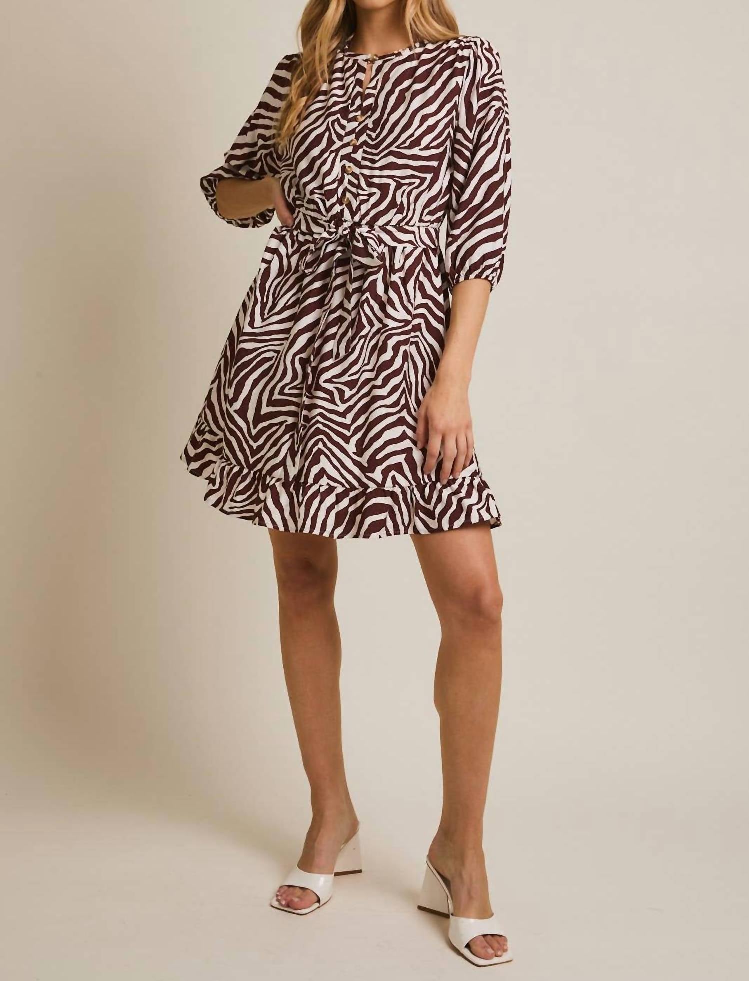 GILLI Tie Waist Mini Dress in ivory brown zebra - women's dress - view 6