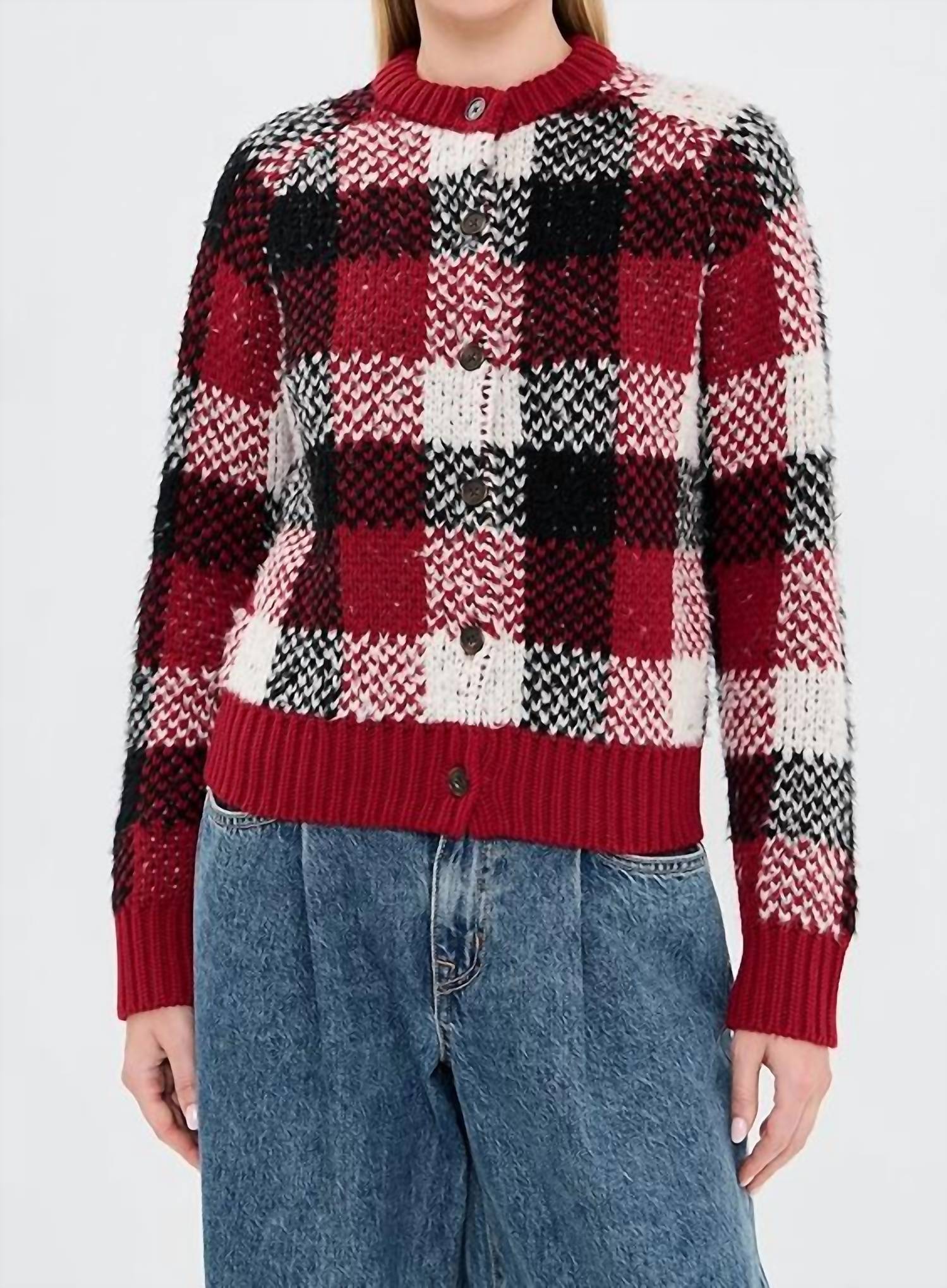 Guest In Residence Buffalo Plaid Cardigan in residence buffalo plaid cardigan in ruby combo - women's cardigan
