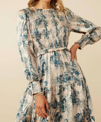 Hayden La - Botanical Print Smocked Bodice Satin Dress