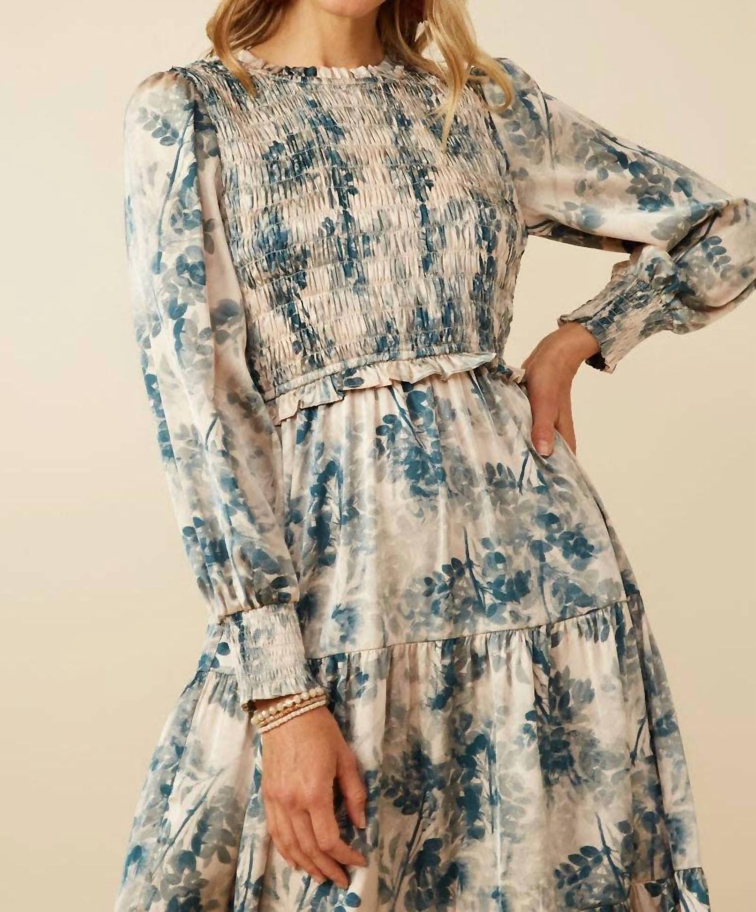 Hayden La - Botanical Print Smocked Bodice Satin Dress