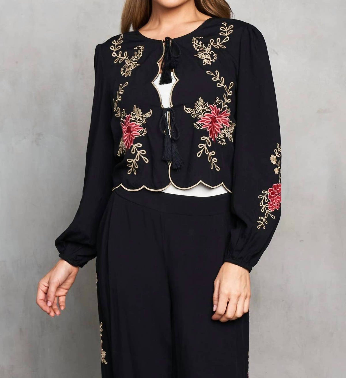 Paparazzi - Embroidered Bolero Cardigan And Pull-on Flared Pants Set