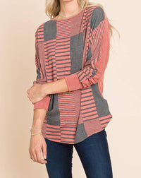Emerald Collection - Stripe And Solid Dolman Sleeves Top