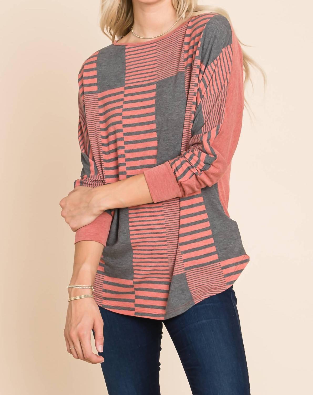 Emerald Collection - Stripe And Solid Dolman Sleeves Top