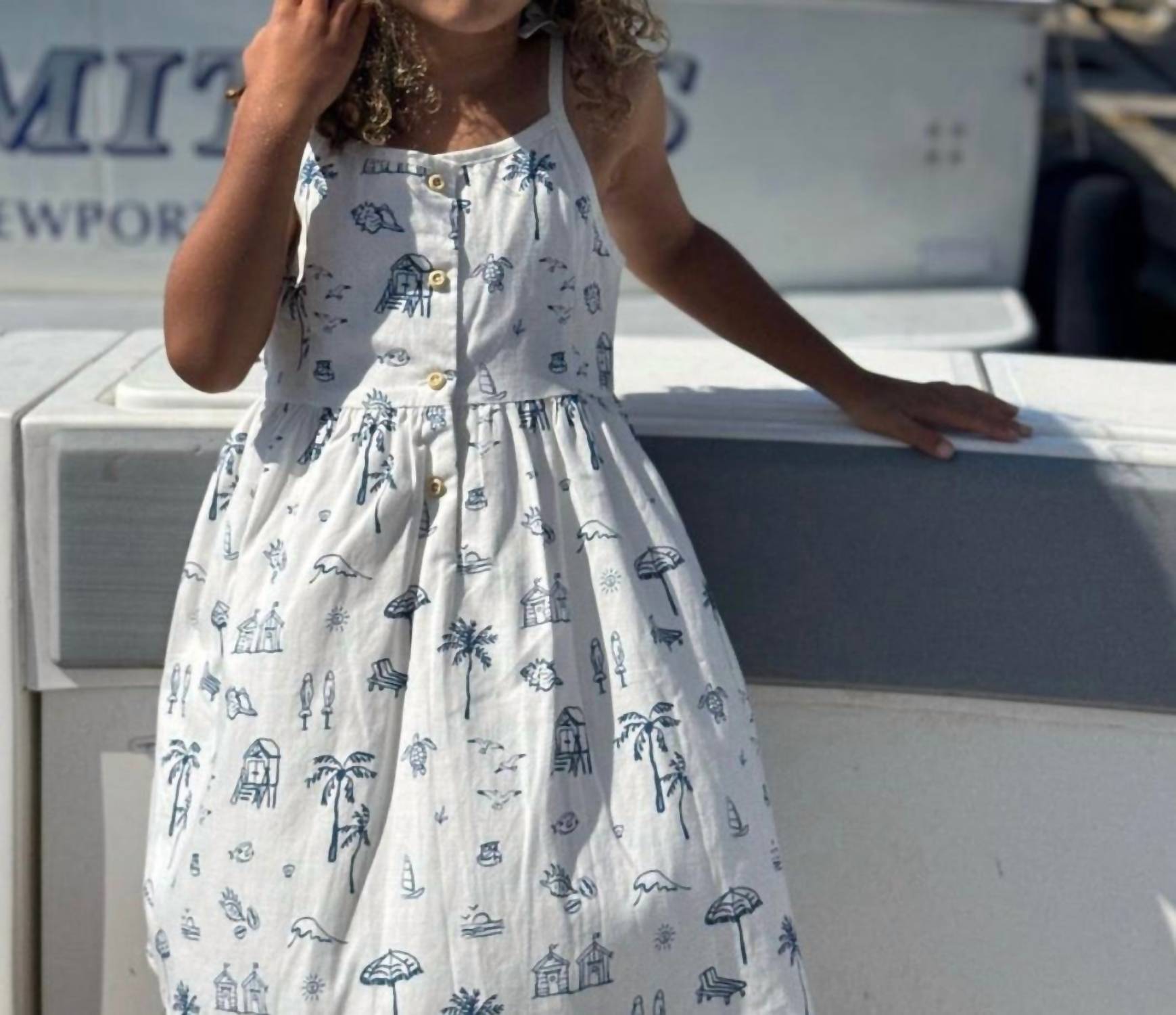VIGNETTE Girl's Marina Dress in navy beach scene - kids' dress - alternate view