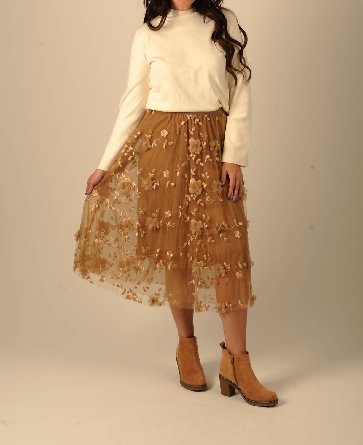 PINCH Whimsical Floral Mesh Midi Skirt in brown - women's skirt - alternate view