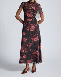 Lela Rose - Floral Printed Glenn Plaid Chiffon Draped Bodice A-line Dress