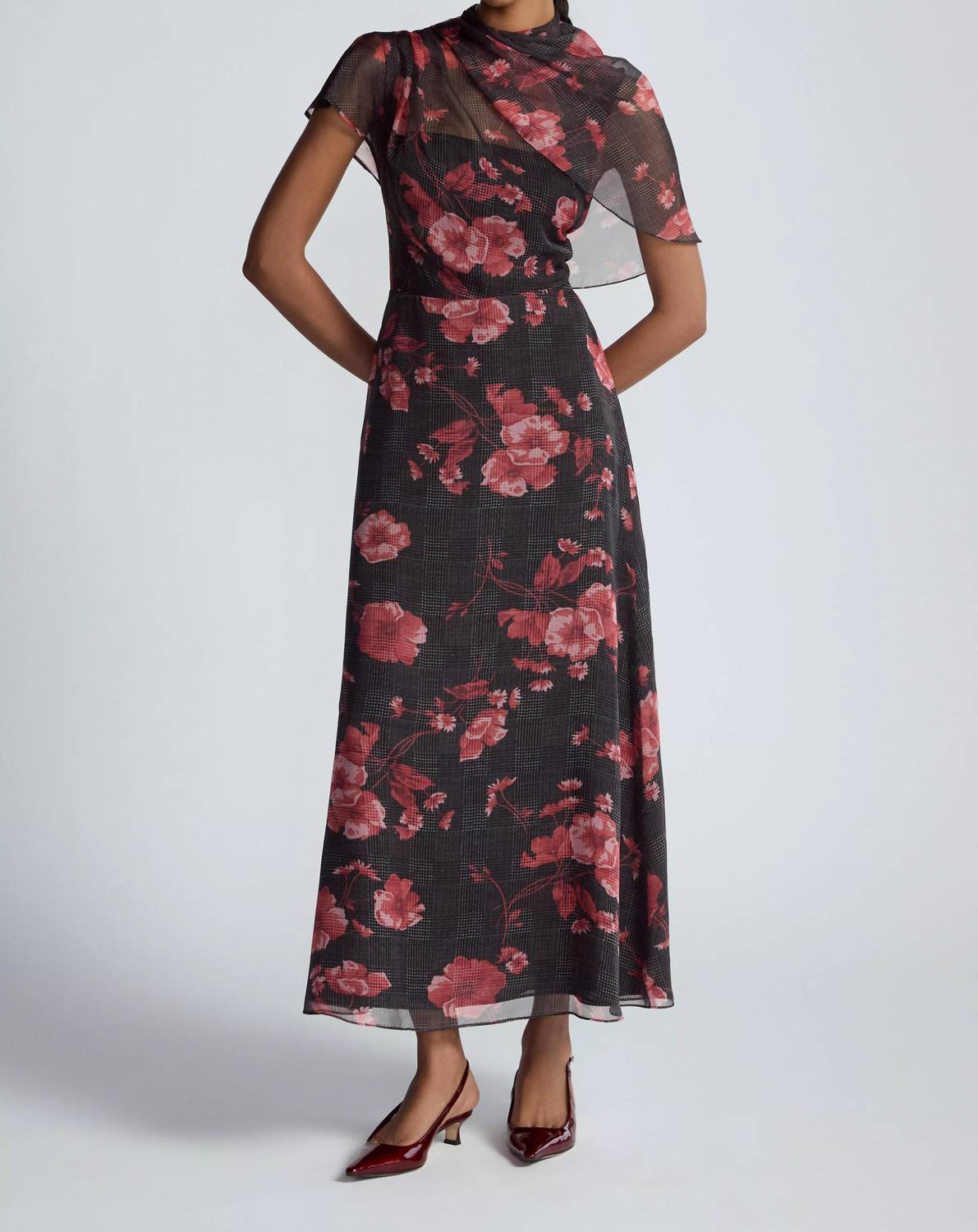 Lela Rose - Floral Printed Glenn Plaid Chiffon Draped Bodice A-line Dress