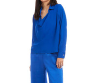 Karen Kane Long Sleeve Collared Cowl Neck Top in sapphire blue - women's blouse - detail view