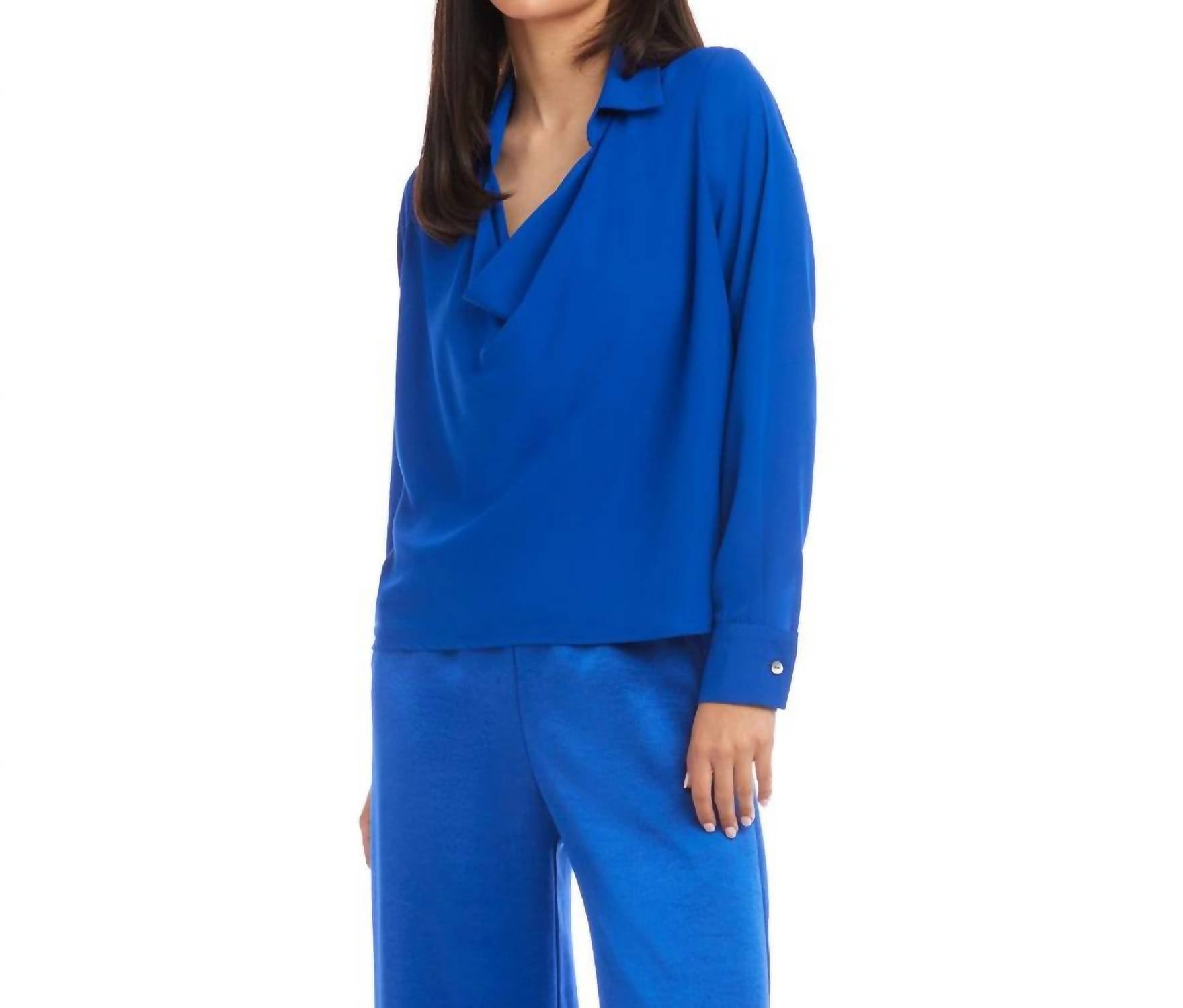 Karen Kane Long Sleeve Collared Cowl Neck Top in sapphire blue - women's blouse - detail view